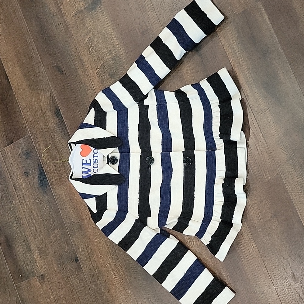Kate Spade tweezed striped black and navy peplum cotton blazer 4
